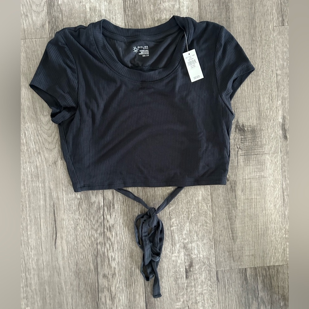 NWT Offline By Aerie Large Black Ribbed Crop Top With Open Back & Ties